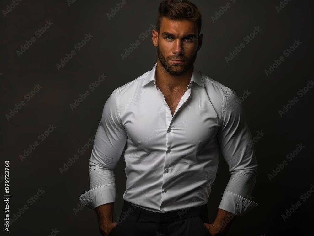 Elegant Man Posing in White Shirt Against Dark Background at Night Elegant Man Posing in White Shirt Against Dark Background at Night