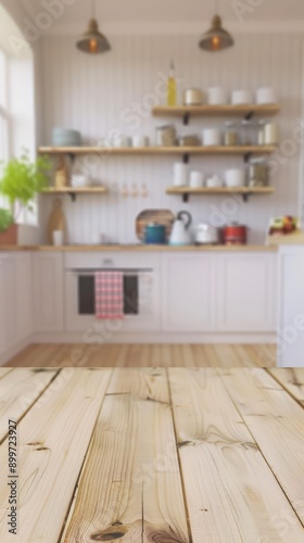 Empty Wooden Table Top for Product Display in Blurred Kitchen Interior