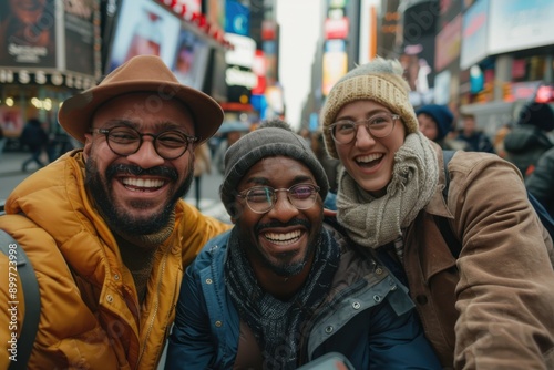 Three friends, bundled up in warm clothing, taking a happy selfie in a bustling urban setting, surrounded by bright lights and billboards, showcasing friendship and joy.