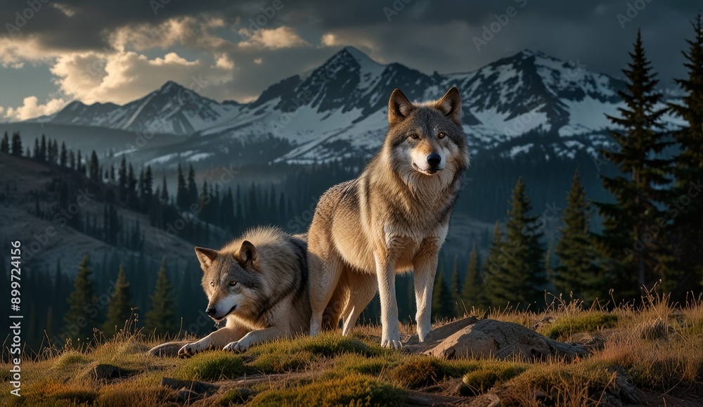 Obraz premium Majestic Wolves in Mountain Landscape