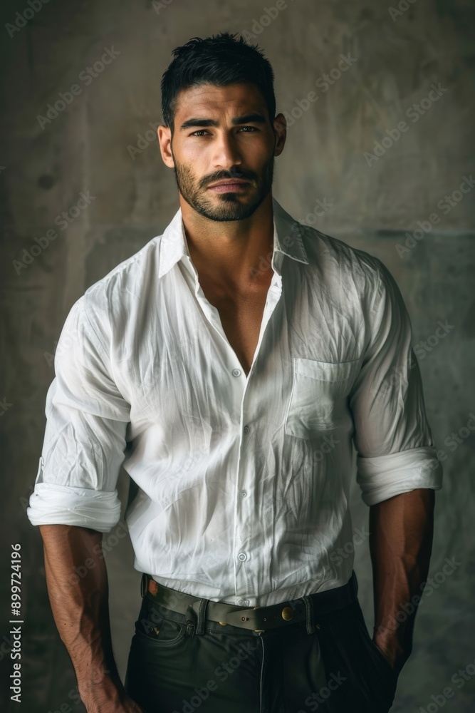 Man in White Shirt Posing Against Concrete Wall in Soft Lighting