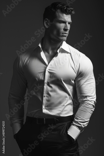 Confident Man Posing in White Shirt Against Dark Background