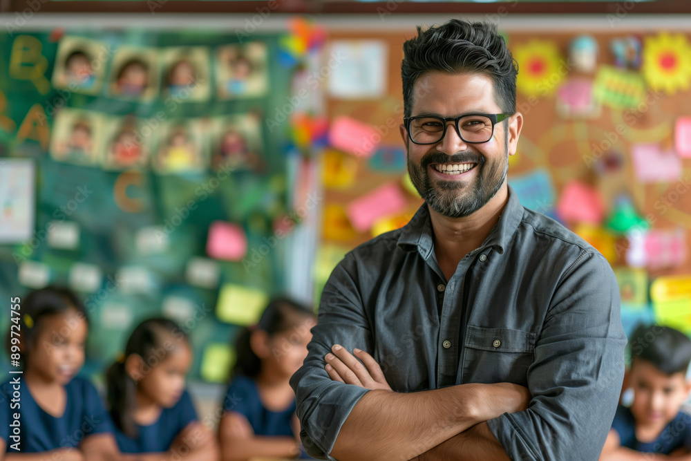 Portrait of smiling male teacher in a class at elementary school looking at camera with learning students on background Portrait of smiling male teacher in a class at elementary school looking at camera with learning students on background