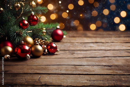 Empty wooden table, balls, christmas tree, lights on background, blurred bokeh. Christmas mock up banner to display, advertise product, promotion sale, presentation. New year, winter backgrounds.
