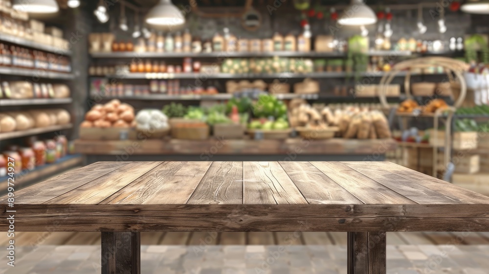Wooden table on local market and supermarket background for product showcase Wooden table on local market and supermarket background for product showcase