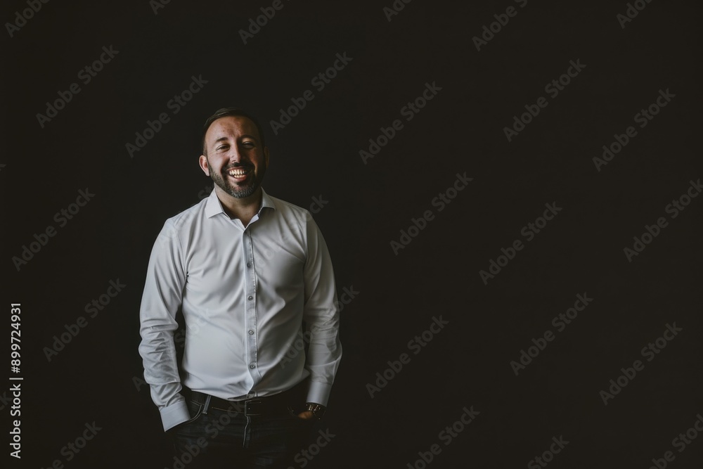 Smiling Male Executive in Minimalist Setting Against Dark Background Smiling Male Executive in Minimalist Setting Against Dark Background
