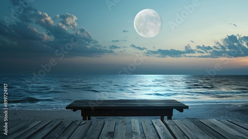 Wooden table on beach with open space for decorating overlooking sea and moon