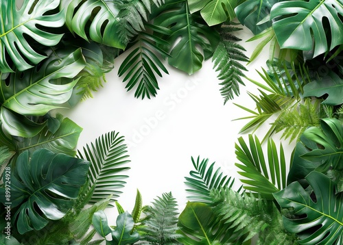 Green tropical plants leaves, nature backdrop isolated on white background