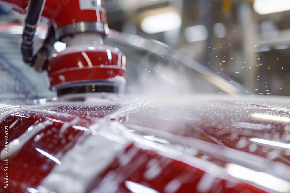 Naklejka premium Close-up of robotic machinery polishing car exteriors, showcasing finishing touches in manufacturing