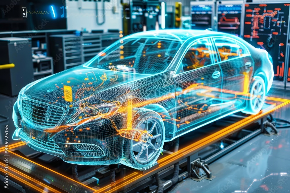 Engineers optimizing car design for fuel economy, representing sustainability in auto manufacturing Engineers optimizing car design for fuel economy, representing sustainability in auto manufacturing