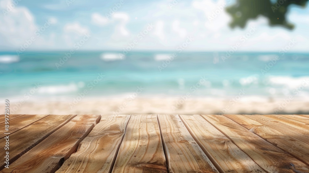 Wooden table surface with blurred beach backdrop for product display or montage