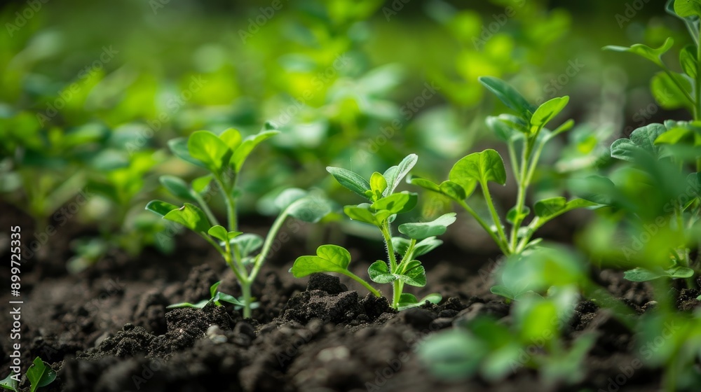 Close-up of young green plants growing in fertile soil. Close-up of young green plants growing in fertile soil.