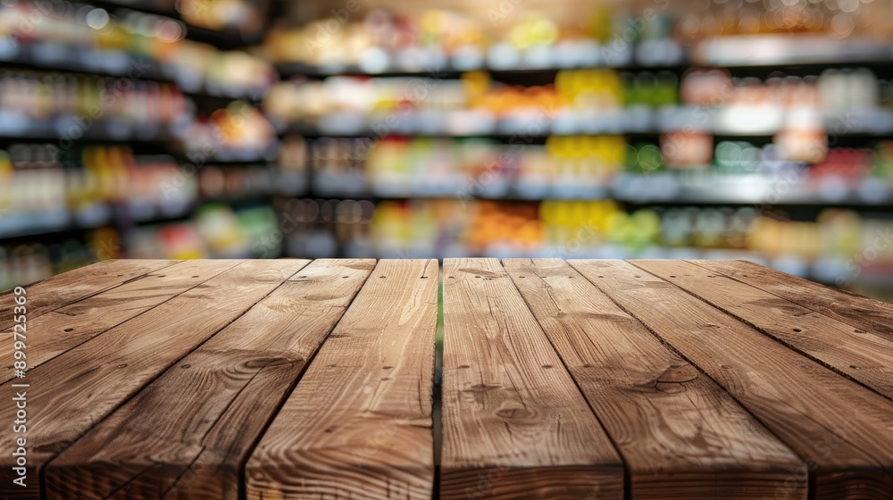 Wooden table with empty top in foreground blurry grocery section and juice shelves in background Wooden table with empty top in foreground blurry grocery section and juice shelves in background