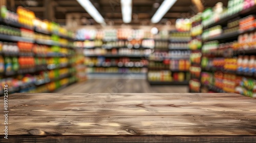 Wooden table with empty top in foreground blurry grocery section and juice shelves in background