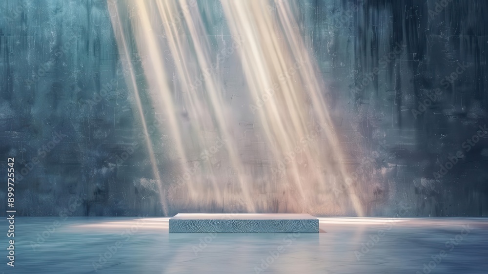 3D rendering of a product display on an exhibition stage, intense spotlight, clean lines, front-facing view 3D rendering of a product display on an exhibition stage, intense spotlight, clean lines, front-facing view