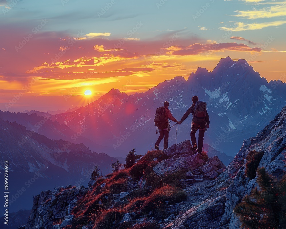 Together We Conquer - Silhouettes of Climber Helping Hiker Against Majestic Sunset in Mountainous Wilderness Together We Conquer - Silhouettes of Climber Helping Hiker Against Majestic Sunset in Mountainous Wilderness