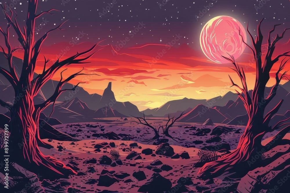 Rocky moon landscape with red sky and large pink moon Rocky moon landscape with red sky and large pink moon