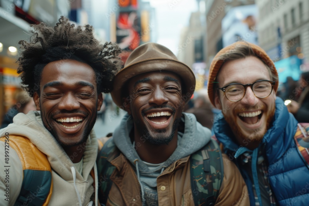 Three friends are joyfully smiling as they stand together in the bustling heart of Times Square, embodying friendship, joy, and the electrifying energy of urban adventure. Three friends are joyfully smiling as they stand together in the bustling heart of Times Square, embodying friendship, joy, and the electrifying energy of urban adventure.