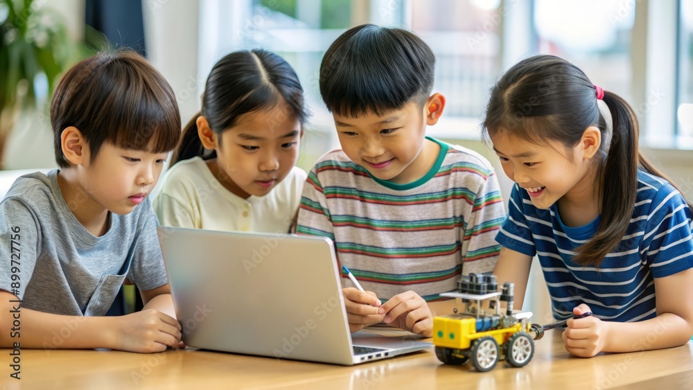 Children Learning Robotics and Coding with Laptop. Children Learning Robotics and Coding with Laptop.