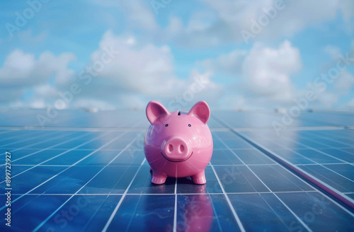 pink piggy bank on solar panel background