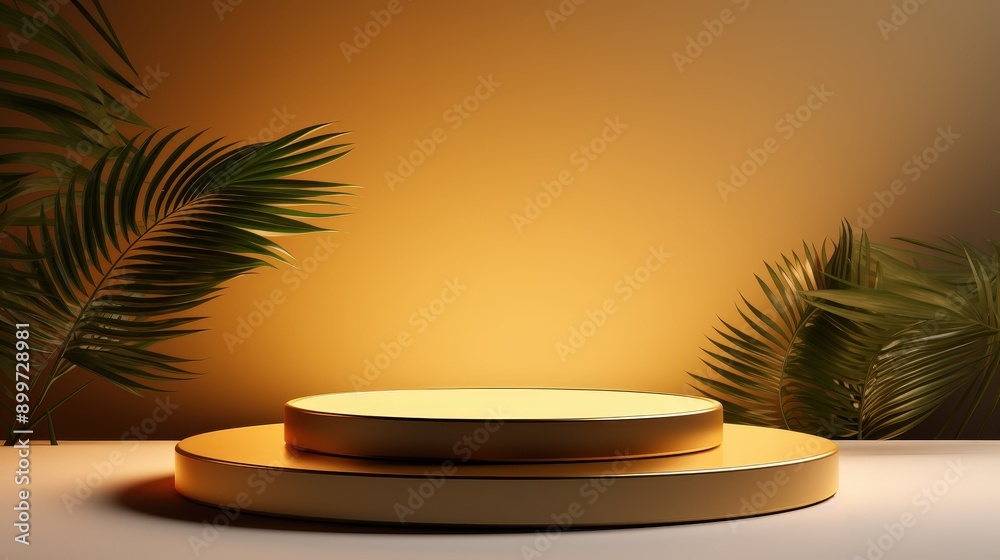 Fototapeta premium Golden Platform with Tropical Leaves