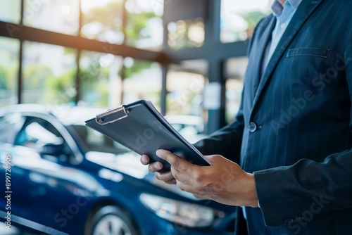 Close-up of salesman presenting warranty options, highlighting customer care in auto sales © SUPHANSA