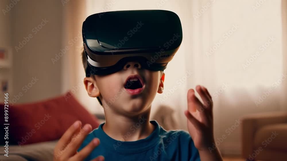A young boy wearing a virtual reality headset, engrossed in the digital world. He is in a living room setting, with a couch and pillows in the background. A young boy wearing a virtual reality headset, engrossed in the digital world. He is in a living room setting, with a couch and pillows in the background.
