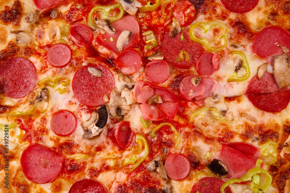 Delicious close up of a fresh handmade pepperoni pizza with cheesy Delicious close up of a fresh handmade pepperoni pizza with cheesy
