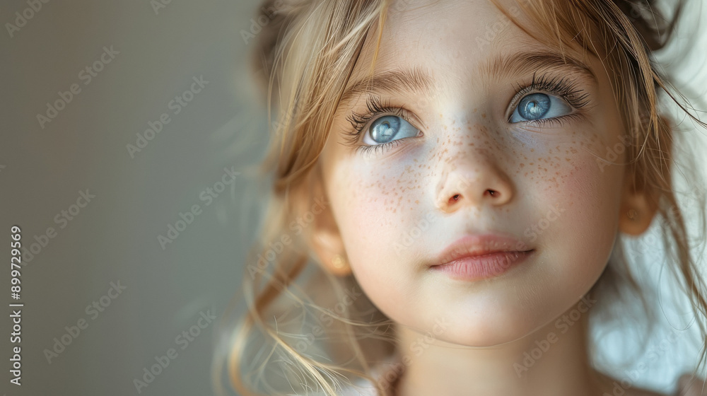 little girl looking away,The girl's head is completely in the frame. White solid background