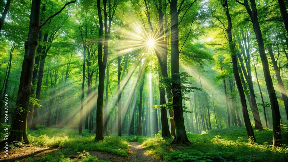 Naklejka premium Dense green forest with sunlight rays filtering through the leaves, Nature, trees, foliage, sunlight, forest, green