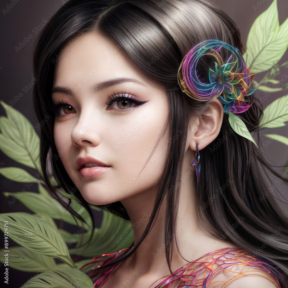 Naklejka premium Illustration of a pretty fairy. Beautiful woman in fantastic dress. Brunette fairy girl in the wood.