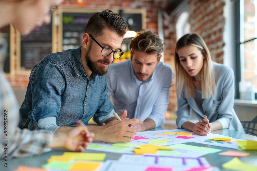 Fototapeta premium Businessman discussing project with team, fostering collaboration and teamwork