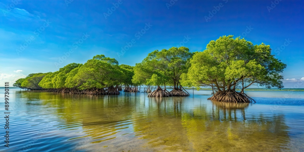 Mangrove trees lining the coast under a clear blue sky, mangroves, trees, coast, shoreline, nature, tropical, environment Mangrove trees lining the coast under a clear blue sky, mangroves, trees, coast, shoreline, nature, tropical, environment