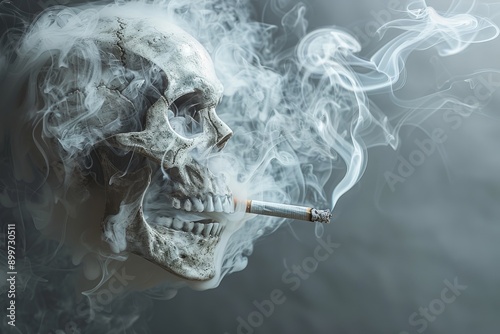 Eerie skull smoking a cigarette with smoke swirling around, representing the dangers of smoking and mortality.