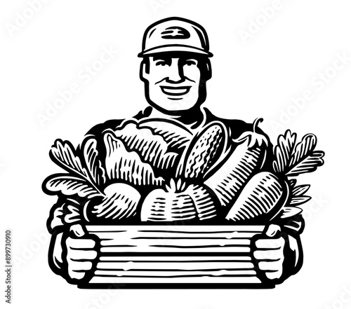 Happy smiling agricultural worker holding wooden crate with fresh organic vegetables. Farmer and farm food vector