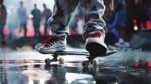 Skateboarder jumping high on mini ramp at skate park indoor 3D randering.  photo