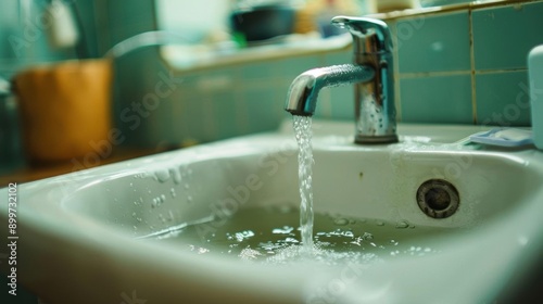 Close-up of a bathroom sink with water running from the faucet.