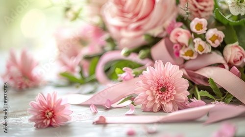 Mother s Day card adorned with ribbon and pink blooms