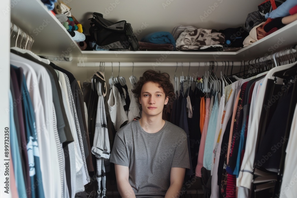 Fototapeta premium Organized Student Closet with Clothes and Personal Items - Realistic Lifestyle Photo Showing Tidying Up and Storage Solutions