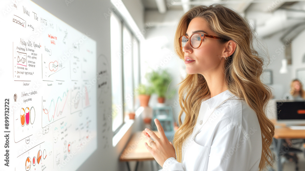 Woman Looking at Whiteboard in Modern Office Woman Looking at Whiteboard in Modern Office
