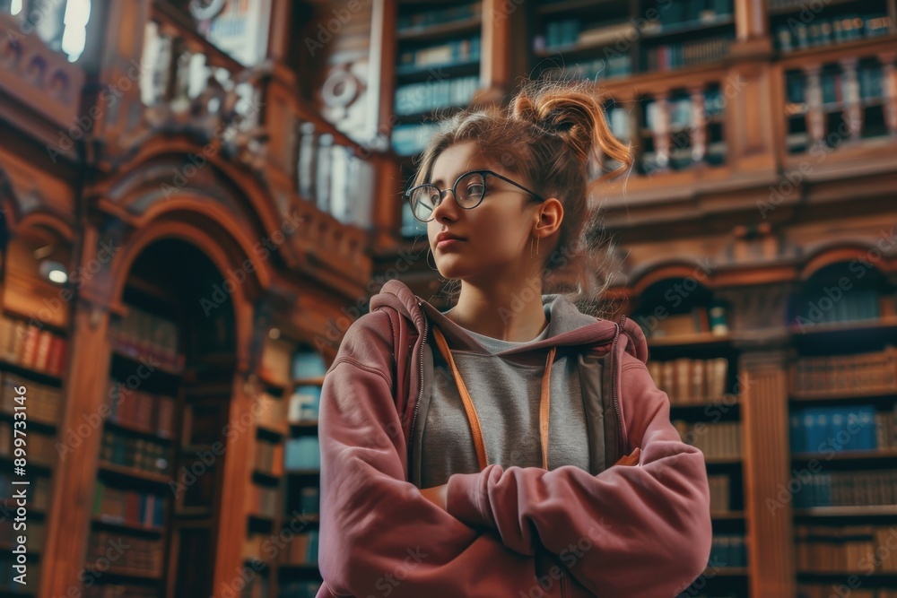 Fototapeta premium Aspiring Student Embracing Academic Journey at College Library