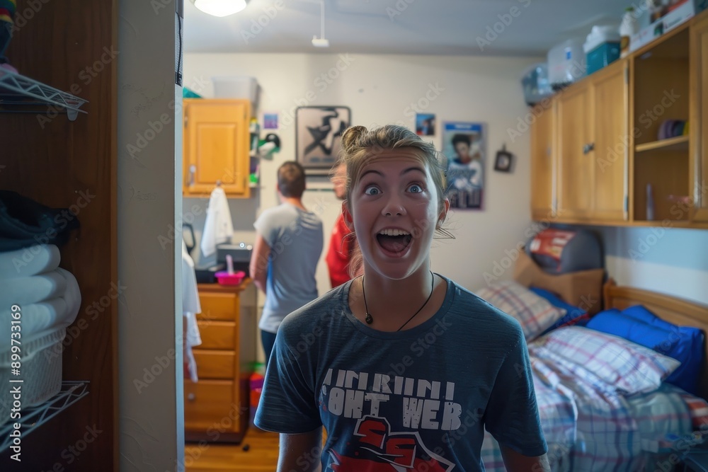 First-Time Dorm Room Unveiling: Student Showing Excited Parents Around Realistic Living Space First-Time Dorm Room Unveiling: Student Showing Excited Parents Around Realistic Living Space