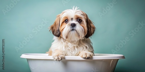 Adorable Shih Tzu dog being bathed in a bathtub, Shih Tzu, dog, cute, wet, grooming, bath time, pet, fur, fluffy, water