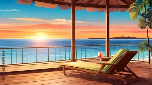 Sunset sky view from house terrace vector background Home or hotel with wooden patio chair and cocktail