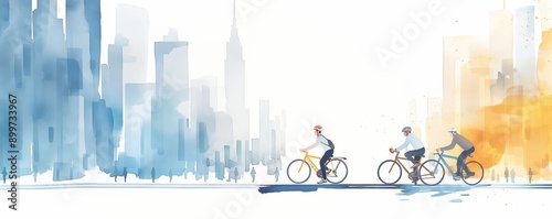 Cyclists on a city street, everyday commute, urban backdrop, Watercolor style