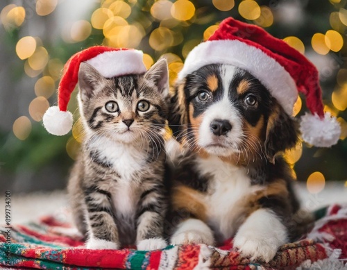 Adorable kitten and puppy together with a Santa Claus hat at Christmas - wishing you merry christmas photo