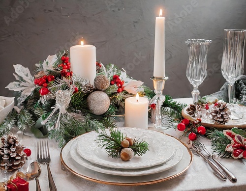 Christmas table setting with candles and white festive tableware for Christmas celebration photo