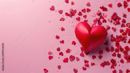 Valentine card with red heart from above on pink background with space for text