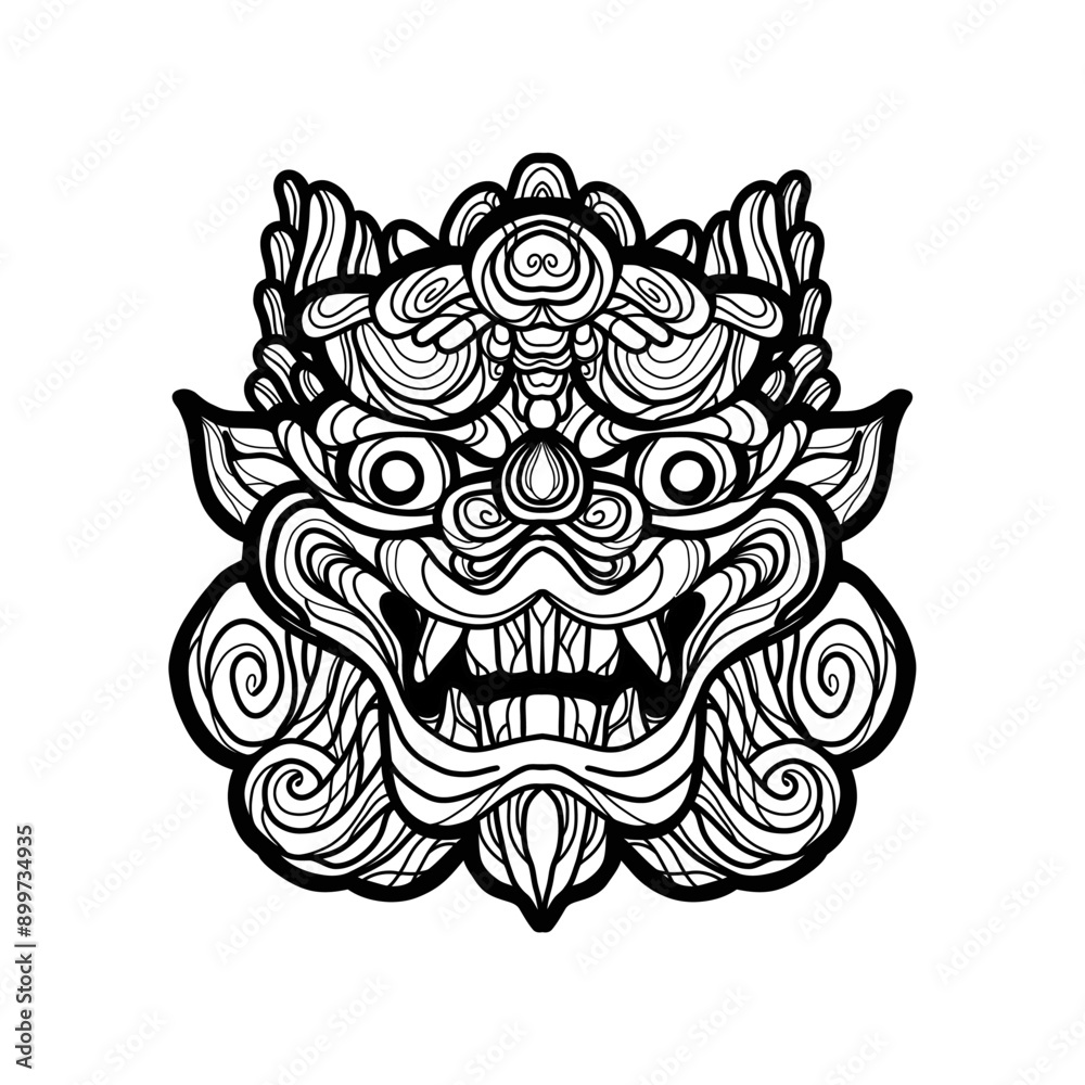 Naklejka premium Traditional lion face tattoo. Chinese lion face statue. Vector of Ancient Chinese Traditional Monster lion head Pattern. Chinese Lion traditional style logo. line art