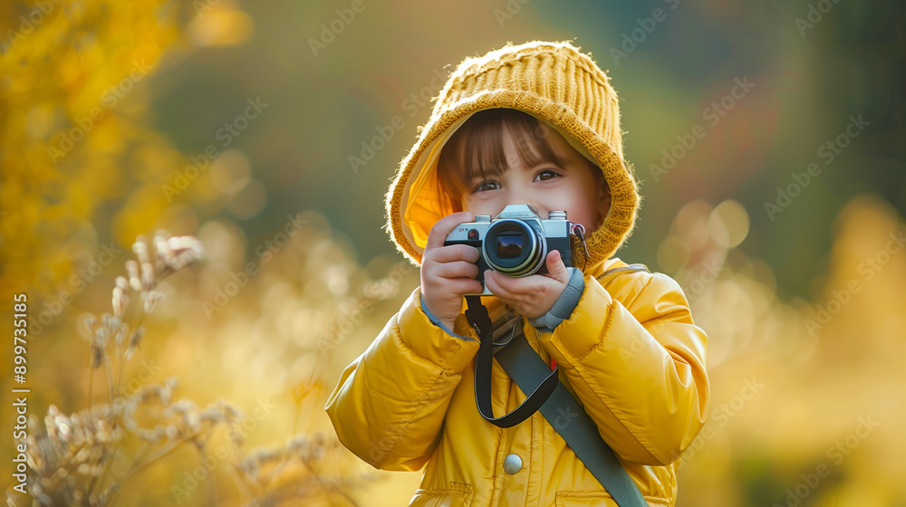 Fototapeta premium A little girl holding a retro camera and attempting to take a photo in outdoor setting
